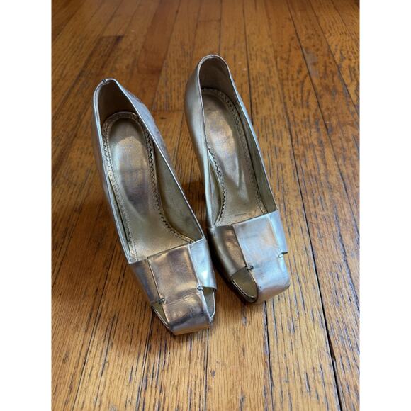 Yves Saint Laurent Shoes Womens Size 38 Gold Peep Toe Platform High Heels Italy - Picture 1 of 11